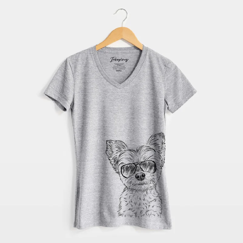 Aviator Chance the Yapper the Yorkshire Terrier - Women's V-neck Shirt-- Silk Blend Satin Velvet