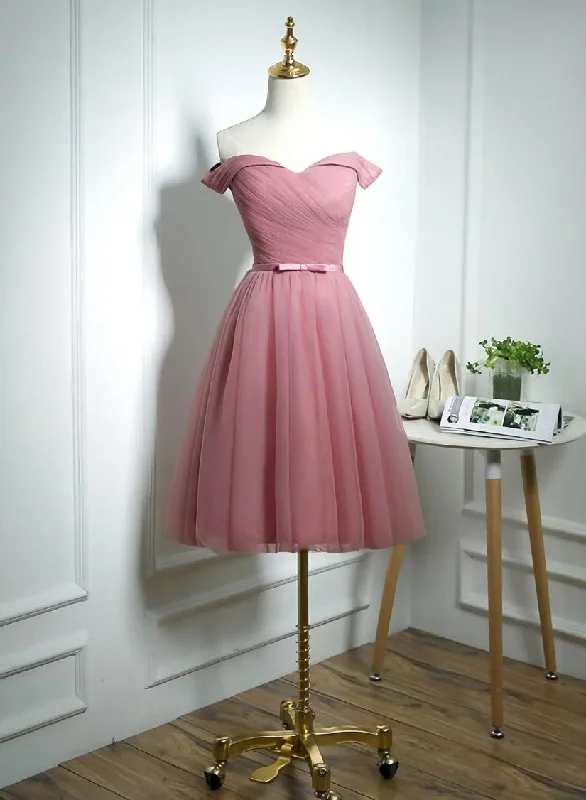 Lovely Pink Off Shoulder Knee Length Party Dress, Pink Prom Dress Tunics Leisure comfortable