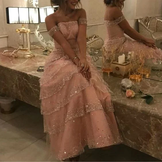Pink Shinny Off-The-Shoulder Tulle Tiered Prom Dress Party Dress,DP327 Tunics Vintage classic