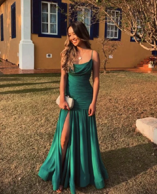 Green Spaghetti Straps Long Prom Dress Party Dress with Slit,DP516 Tunics Long Elegant