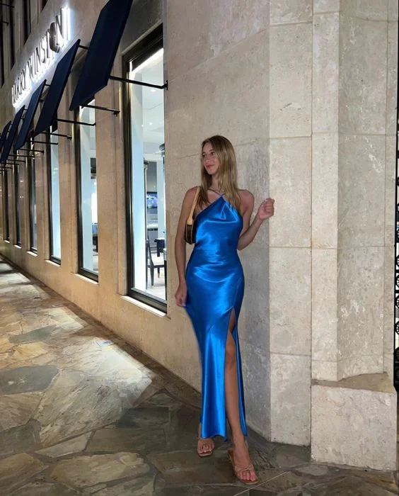 Blue Halter Simple Long Prom Party Dress,DP1199 empire Waist empire