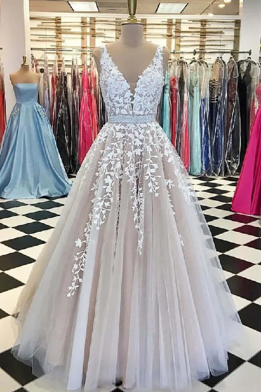 A Line Applique Tulle Prom Dress, Long V Neck Sleeveless Party Dress with Beading Tunics Sophisticated sleek