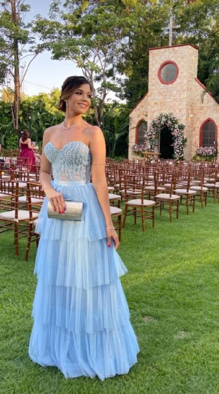 Blue Sweetheart Tulle Tiered Long Prom Dress Party Dress,DP470 Tunics Yoga stretchy