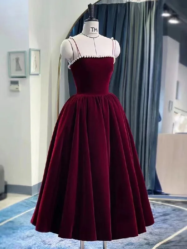 Velvet dress, red daily dress, spaghetti strap party dress,custom made,DP24579 Tunics Spring floral
