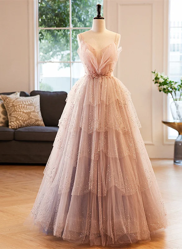 Pink Beaded V-neckline Tulle Party Dress Prom Dress, Tulle Layers Sweet 16 Dress Tunics Sophisticated sleek