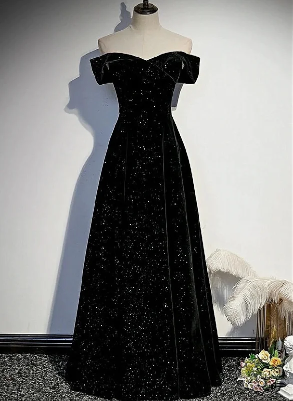 Black Velvet Off Shoulder Long Party Dress, Black Simple Prom Dress Satin Halter Glamorous