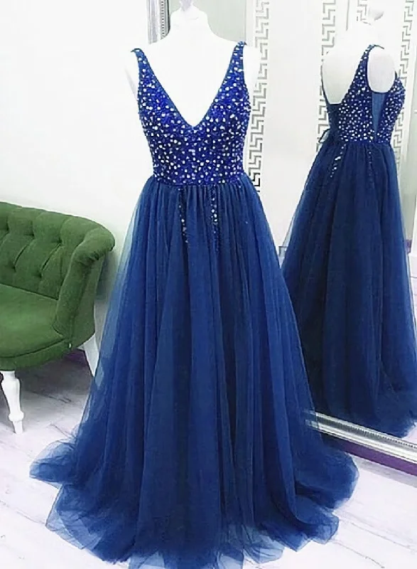 Sparkle Beaded Tulle V-neckline Floor Length Party Dress, Blue Junior Prom Dresses Formal Dresses Cowl Neckline Elegant