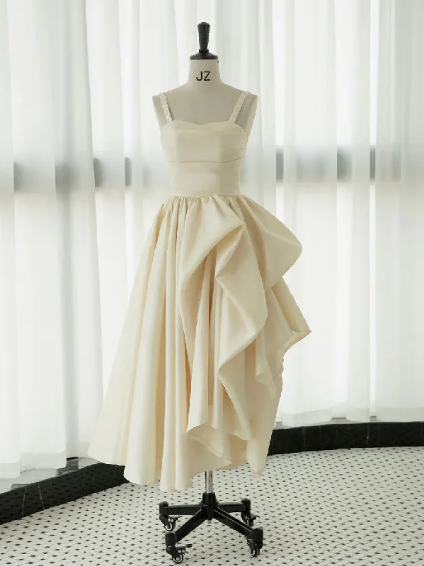 Ivory Satin Tea Length Prom Dress Formal Party Dress,DP1216 High-Low Hemline Casual