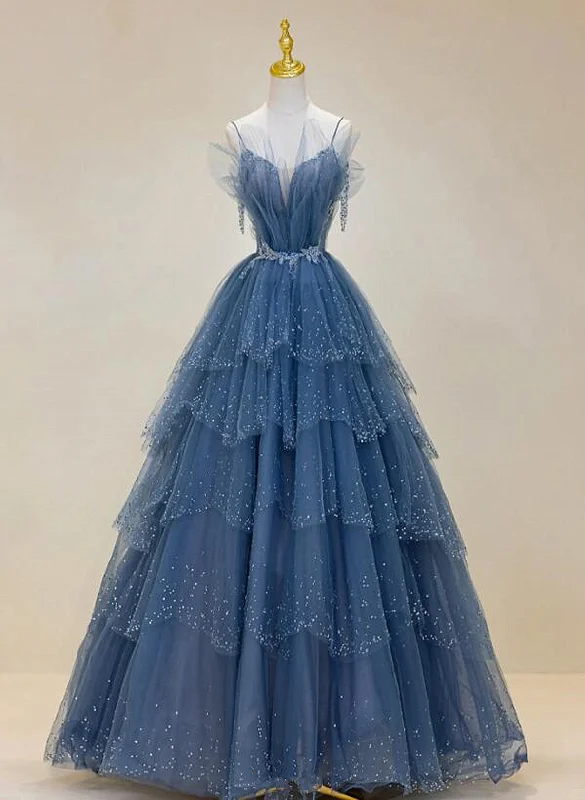Blue Shiny Tulle Long Beaded A-line Prom Dress, Blue Floor Length Party Dress Tunics Print Colorful