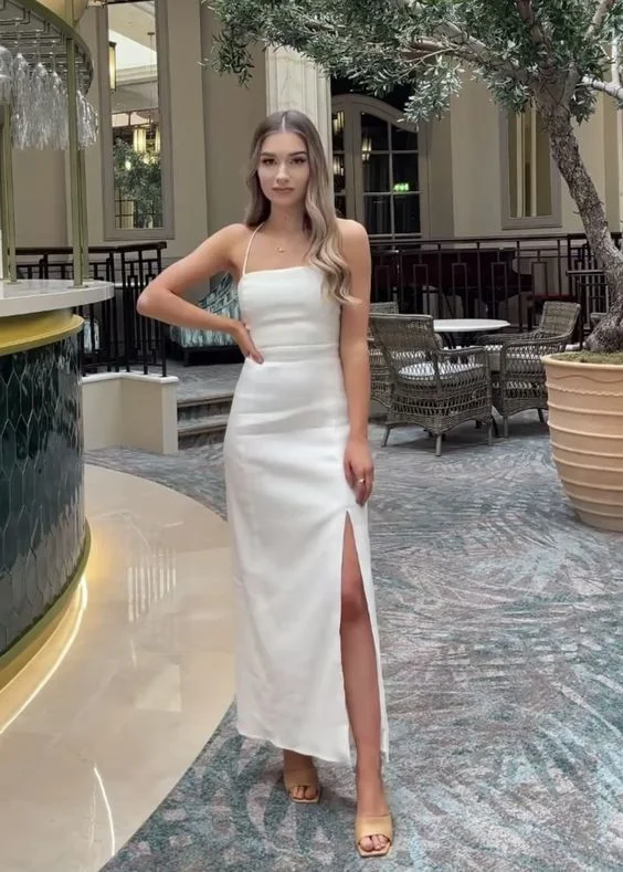 Simple White Satin Spaghetti Straps Party Dress with Slit,DP1045 Sequined Elegant Party