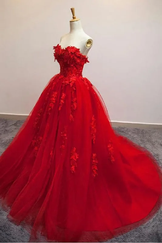 Pretty Red Sweetheart Strapless Ball Gown Applique Tulle Long Prom Dress,Party Dresses Tunics Stylish modern