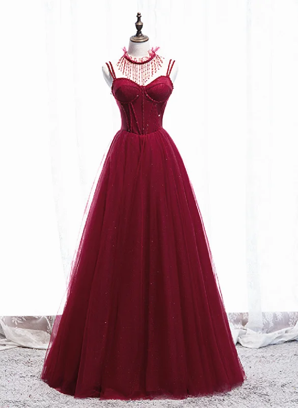 Wine Red Beaded Straps Party Dress Prom Dress, Beaded Tulle Formal Dress Tunics Chic fashionable