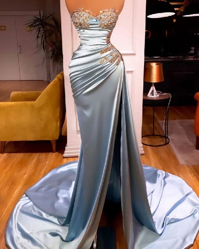 Blue long prom dress,  formal party dress Crew Neckline Casual