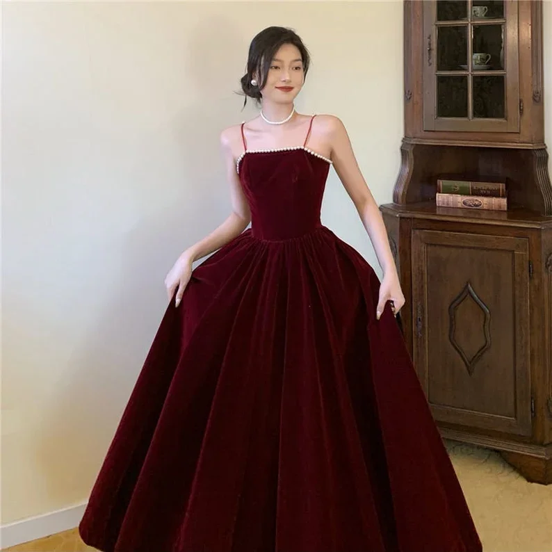 Dark Burgundy Spaghetti Straps Dress Women Prom Dress Birthday Party Dress Event Gown Dress c2921 Tunics Seasonal trendy