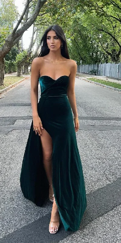 Simple Velet Strapless Long Prom Dress Evening Party Dress with High Slit,DP611 Off-the-shoulder Chic Trendy
