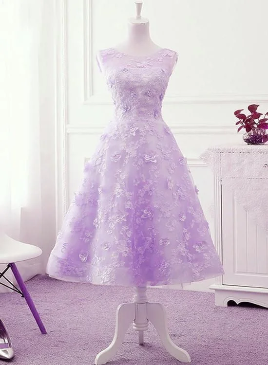 Lavender Lace Tea Length Wedding Party Dress, Vintage Style Homecoming Dress      cg23747 Tunics Bestseller popular