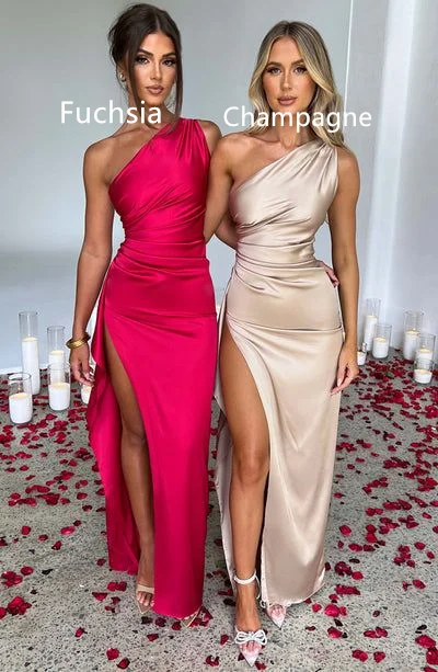 Champagne/Fuchsia Satin One Shoulder Prom Dress Party Dress with Slit,DP368 Tunics Ceremony elegant