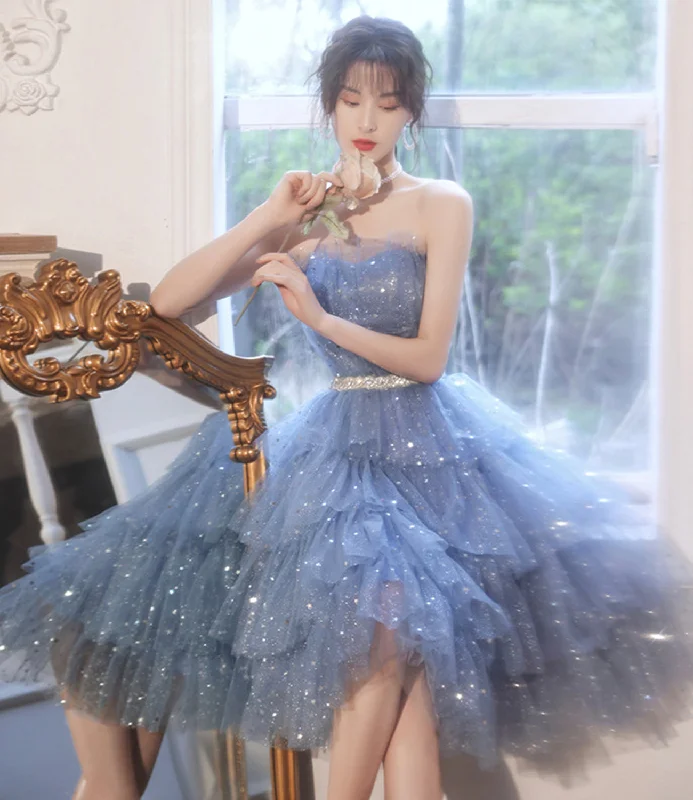 BLUE TULLE SEQUINS SHORT HOMECOMING DRESS PARTY DRESS    cg22204 Boat Neckline Classic