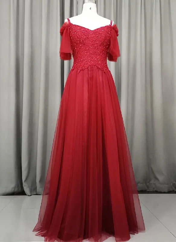 Wine Red Tulle Long Party Dress, Handmade Prom Dress Tunics Trousers formal