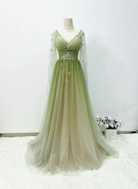 A-line Green Gradient Puffy Sleeves Tulle Long Party Dress, Green Long Prom Dress sweetheart Neckline Romantic