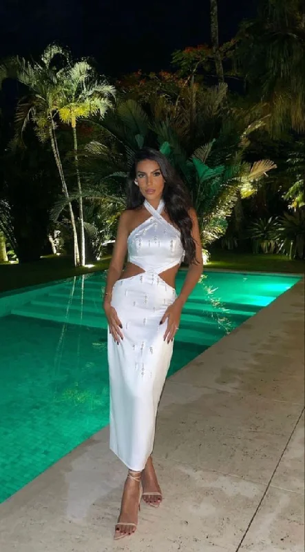 White Halter Cut Out Beading Midi Length Party Dress,DP1197 Halter Neckline Beach