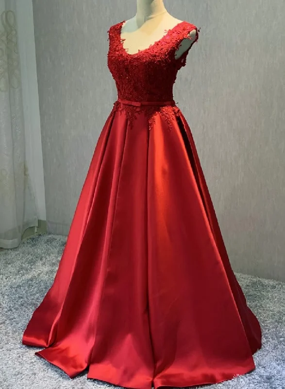 Red Satin V-neckline Floor Length Prom Dress, Backless Red Party Dress Tunics Polka dots