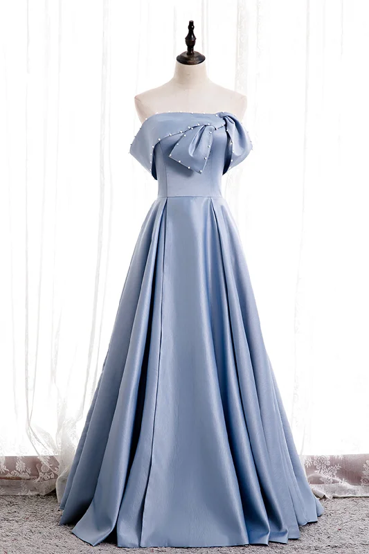 Blue Satin Long Prom Dress with Pearls, Blue A-Line Strapless Party Dress Tunics Favorite customer