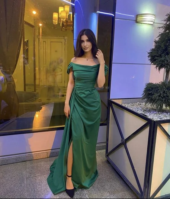 Green Off Shoulder Satin Long Prom Dress Party Dress with Slit,DP784 Tunics Custom made