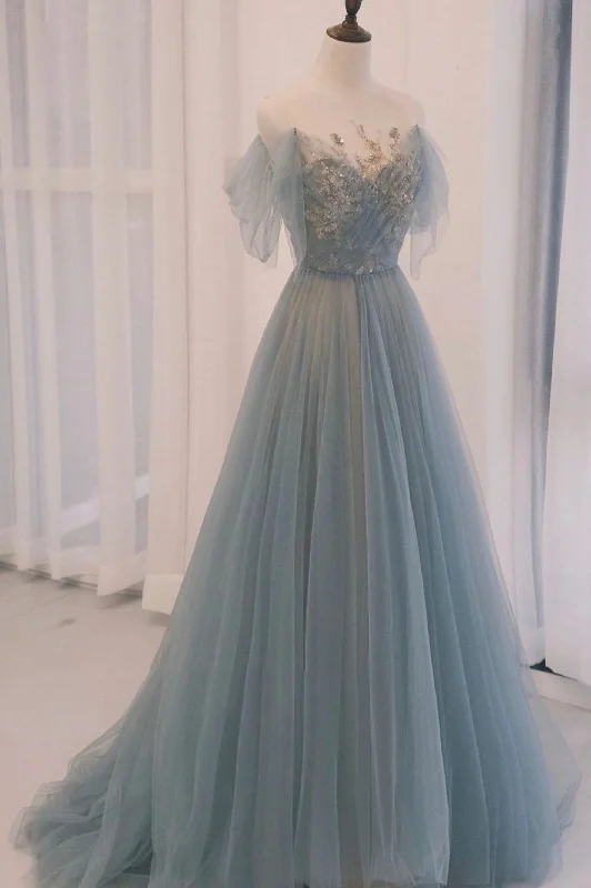 Blue Tulle Sequins Long Prom Dress, A-Line Scoop Neckline Party Dress Tunics Cozy comfortable
