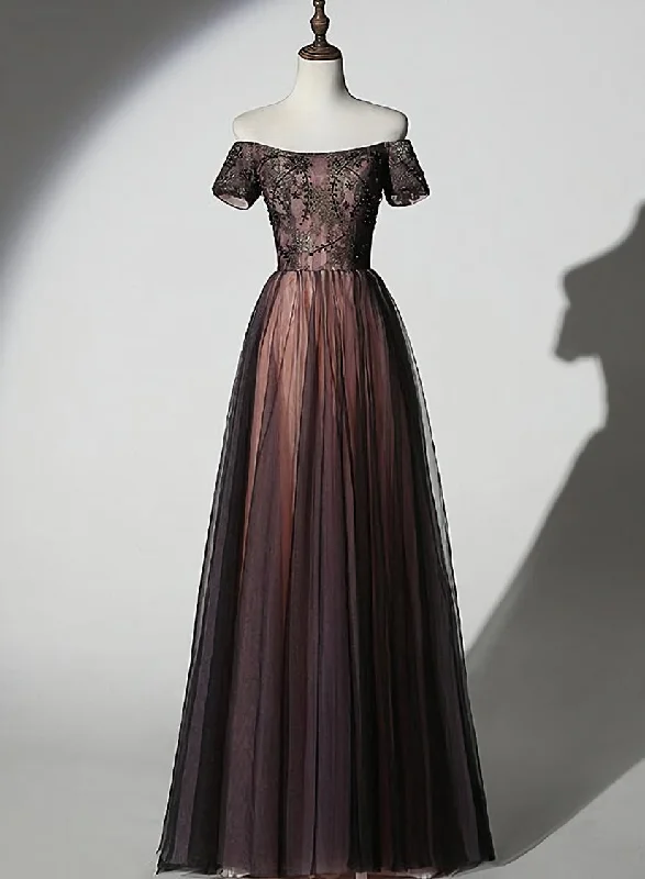 Unique Black and Champagne Tulle Long Party Dress, Senior Prom Dress Tunics Denim casual
