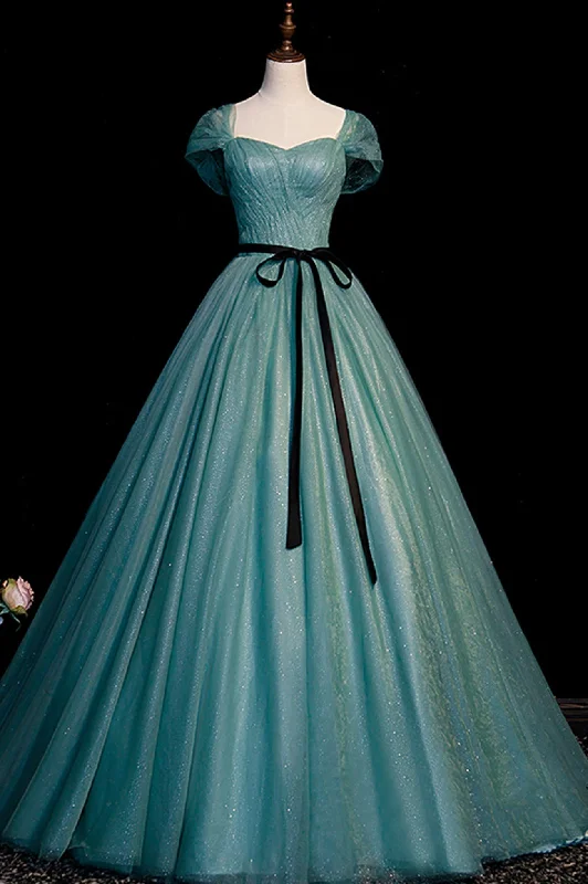 Green Tulle A-Line Off Shoulder Party Dress, Simple Long Prom Dress Tunics Sophisticated sleek