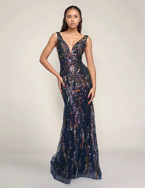 Nina Canacci 6628 Plunging Neckline Prom Dress Sheer Panels Fit and Flare Sequin Formal Gown Tunics Hiking breathable