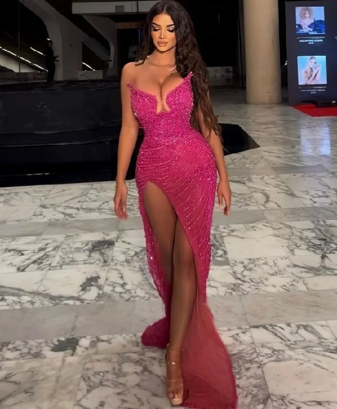 Strapless Beading Long Prom Dress Evening Party Dress with High Slit,DP839 Tunics Occasion special