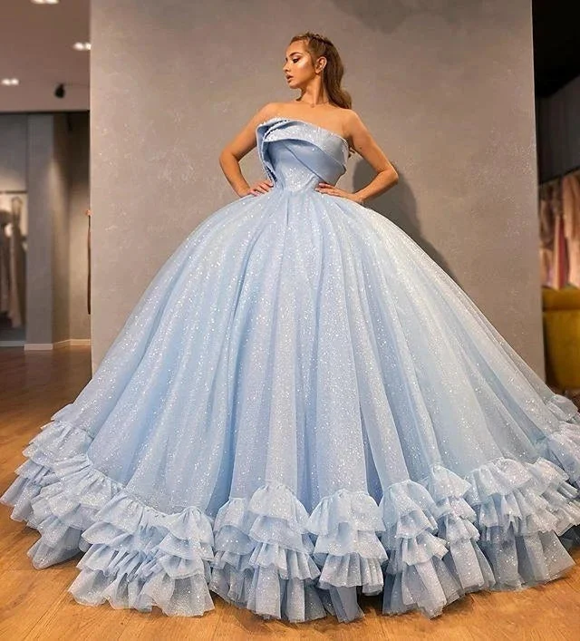 Sparkly Ball Gown Prom Dresses Strapless Puffy Evening Gowns Ruffles Formal Party Dress,DS4378 Tunics Trendy modern