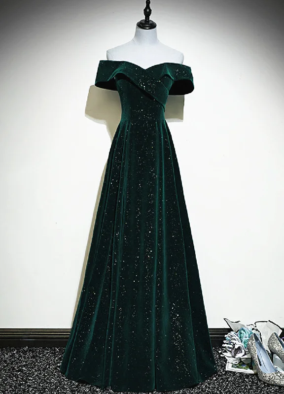 A-line Off Shoulder Green Velvet Simple Party Dress, Green Prom Dress Formal Dress Tunics Travel practical