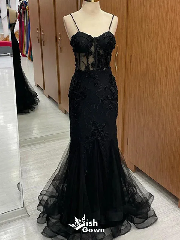 Black Lace 3D Flower Appliques Spaghetti Straps Mermaid Long Party Dress Prom Dresses,Evening Dress Online, WGP889 Tunics Floral girly