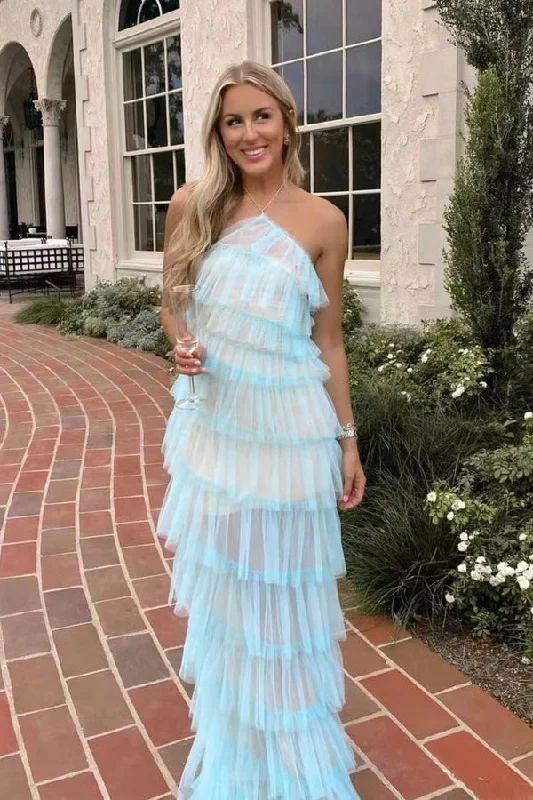 New Style Halter Ruffles Tulle Prom Dress With Slit, Long Backless Party Dress ,DS4562 Tunics Bestseller popular