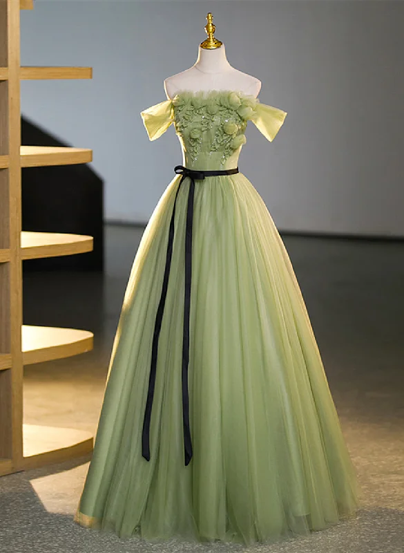 Geen Tulle A-line Prom Dress with FLowers, Off  Shoulder Tulle Party Dress Tunics Business professional