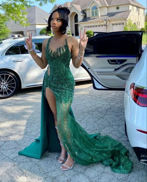 Black Girl Green Beading Long Prom Dress Party Dress With Slit,DP365 Tunics Winter warm