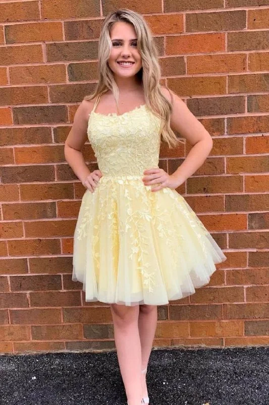 short yellow A-line lace appliqued homecoming dress birthday party dress with straps       cg23730 Tunics Top rated