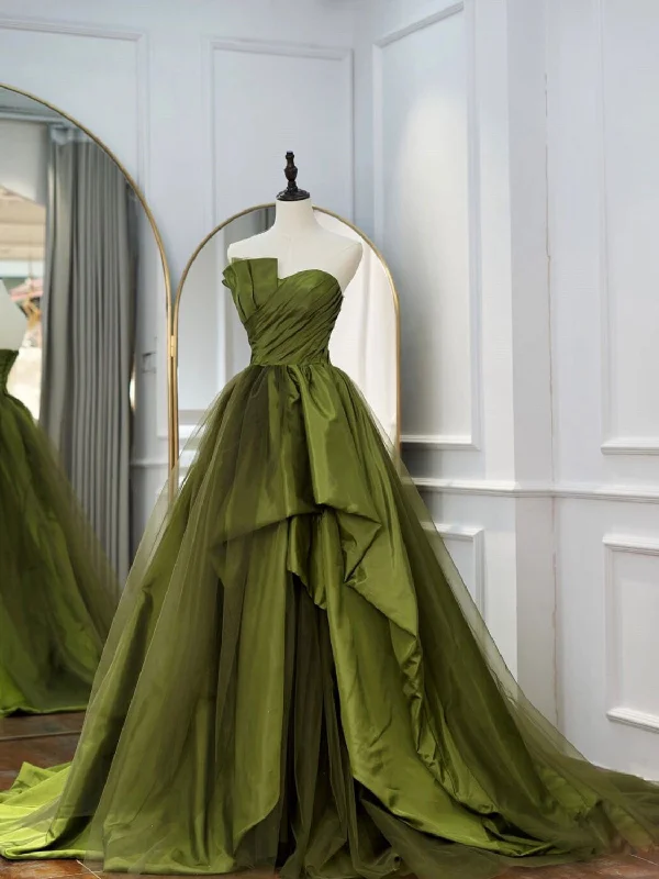 Green Ruffle Tiered Prom Dresses Strapless, Green Long Party Dress Tunics Office stylish