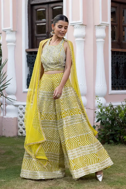50Z638-RO Lime Green Hand Halter Neck Top with Gota Work Pants Comfortable Pleated Pants