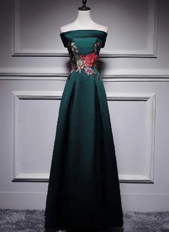 Dark Green Satin Off Shoulder Floor Length Satin Party Dress, Green Prom Dress Formal Dress Turtleneck Warm Winter