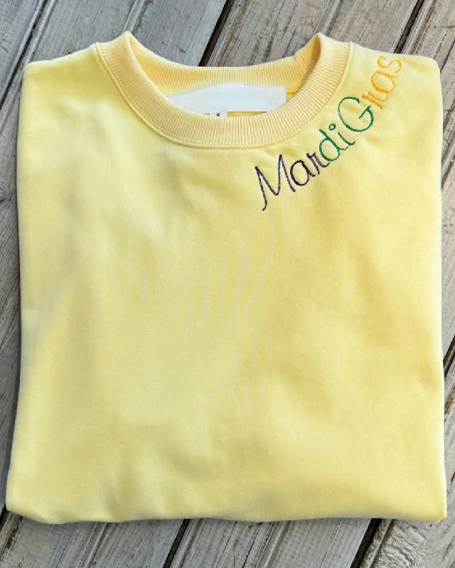 Mardi Gras Embroidered Sweatshirt- Yellow Hoodie with Hem Frayed Vintage Worn