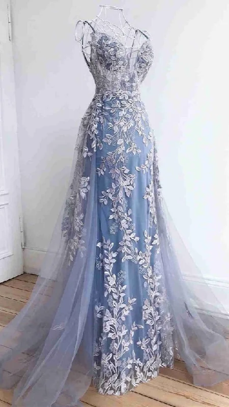 Blue Tulle Appliques Prom Dress Long Party Dress,DP1031 Pencil Length Work