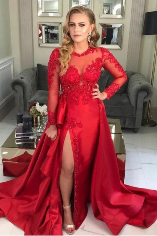 Elegant Red Long Sleeve Lace Appliques Evening Dress Side Slit Party Dress,DS4026 Off-the-shoulder Chic Trendy