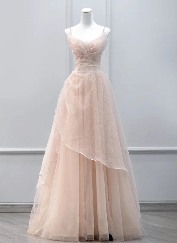 Pink Tulle Beaded Straps Long Prom Dress, A-line Pink Tulle Party Dress Tunics Chinos classic