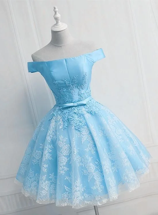 Light Blue Lace and Satin Short Party Dress, Blue Homecoming Dress    cg24265 Tunics New arrival