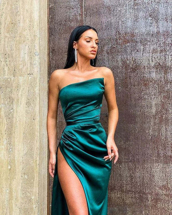 Sexy Mermaid Strapless Dark Green Satin Prom Dresses, Split Party Dresses C1506 Tunics Versatile functional