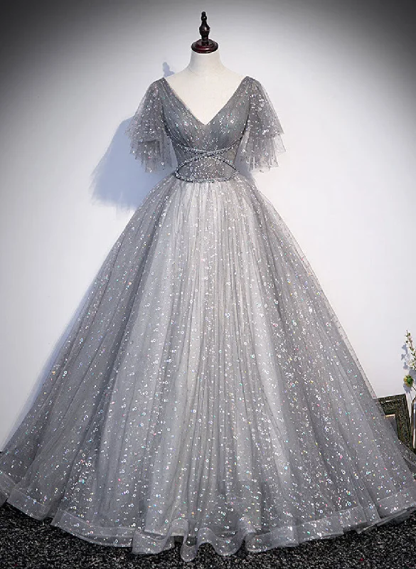 Grey V-neckline Tulle Low Back Long Prom Dress, Grey Formal Dress Party Dress Tunics Top rated
